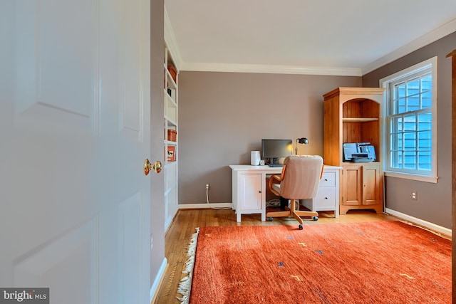 office with baseboards, wood finished floors, and crown molding