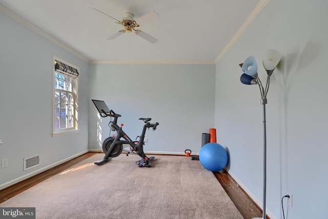 workout area with crown molding, baseboards, and visible vents