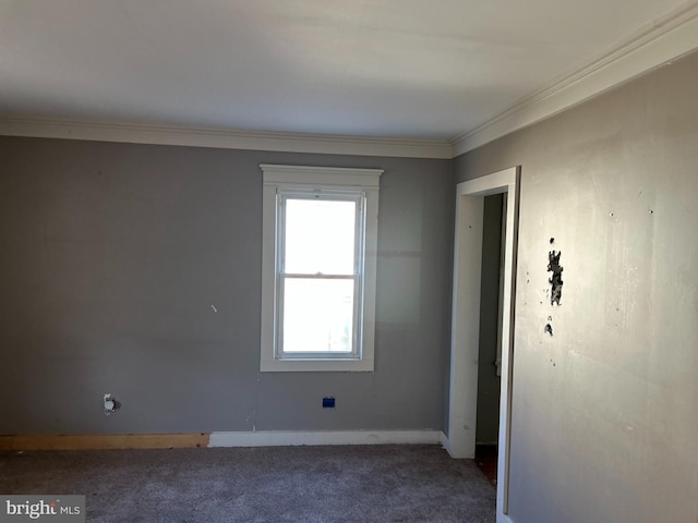 carpeted spare room featuring baseboards and ornamental molding