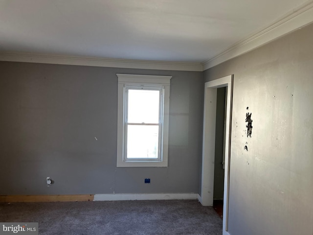 empty room featuring baseboards, carpet flooring, and crown molding