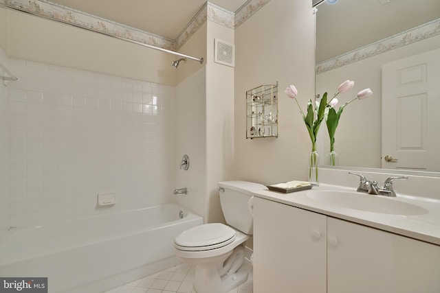 bathroom featuring visible vents, toilet, tile patterned flooring, tub / shower combination, and vanity