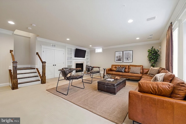 living room with recessed lighting, a fireplace, stairs, light carpet, and crown molding