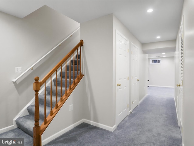 stairs featuring recessed lighting, baseboards, and carpet floors