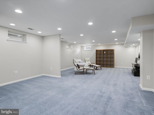 unfurnished room featuring carpet flooring, recessed lighting, visible vents, and baseboards