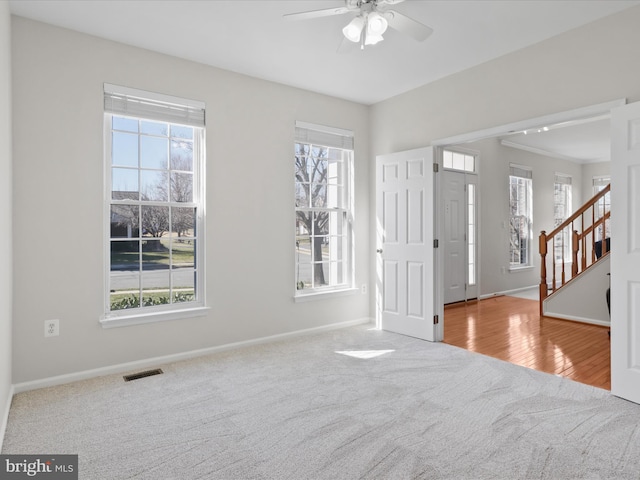 carpeted foyer entrance featuring a wealth of natural light, visible vents, baseboards, and stairs