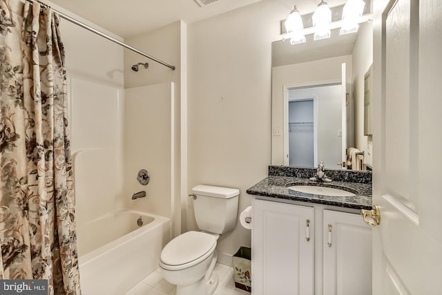 full bathroom with toilet, shower / tub combo, visible vents, vanity, and tile patterned floors