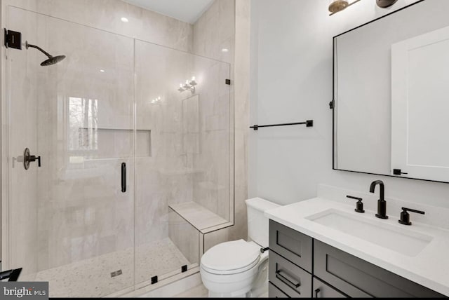 bathroom featuring a stall shower, vanity, and toilet