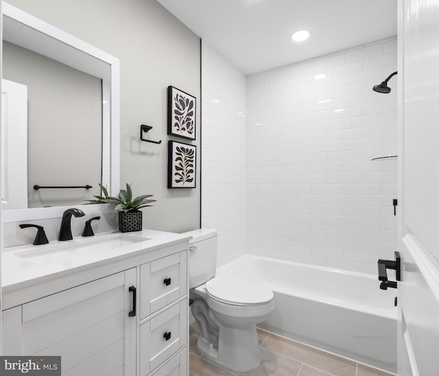 bathroom with shower / bathtub combination, tile patterned flooring, toilet, recessed lighting, and vanity