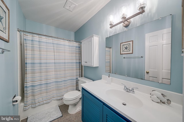 full bathroom with toilet, vanity, and shower / bathtub combination with curtain