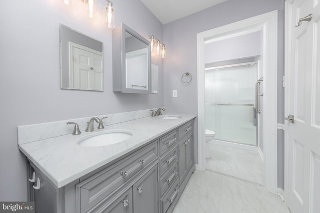 bathroom featuring double vanity, toilet, a stall shower, and a sink