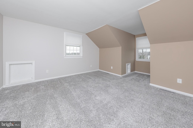 additional living space with carpet, baseboards, and vaulted ceiling