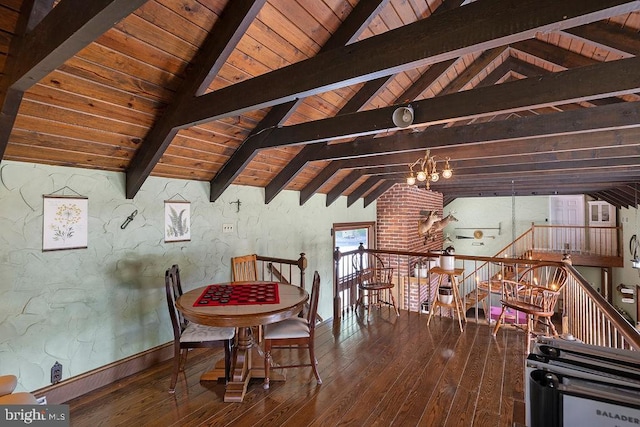 unfurnished dining area featuring wood-type flooring, wooden ceiling, a notable chandelier, and lofted ceiling with beams