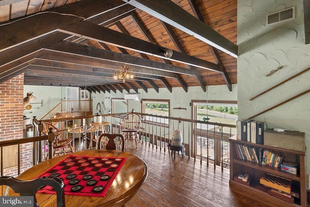 interior space featuring visible vents, lofted ceiling with beams, hardwood / wood-style flooring, wooden ceiling, and an inviting chandelier