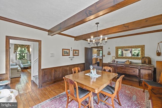 dining area featuring light wood finished floors, wainscoting, ornamental molding, an inviting chandelier, and beam ceiling