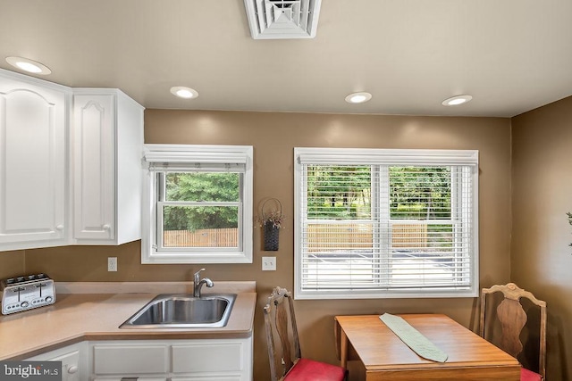 kitchen featuring white cabinets, visible vents, and a sink