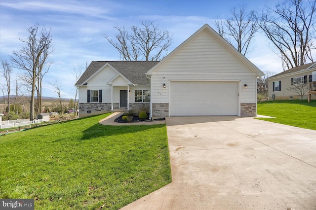 view of front of house with a garage, stone siding, driveway, and a front yard