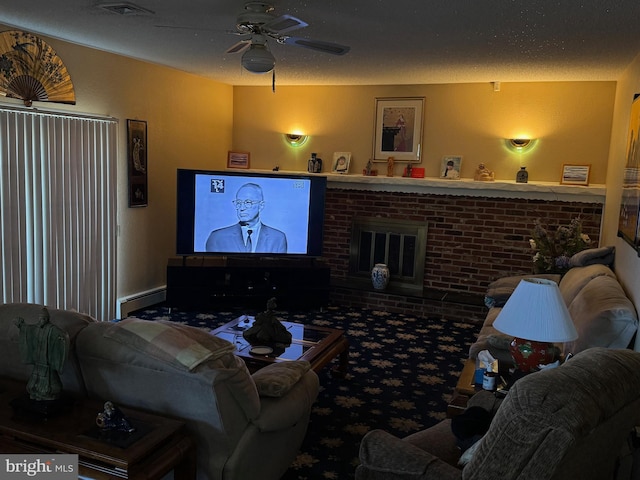 living room featuring a ceiling fan, a brick fireplace, and visible vents