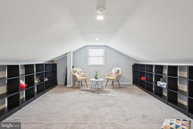 rec room featuring lofted ceiling, baseboards, carpet, and recessed lighting