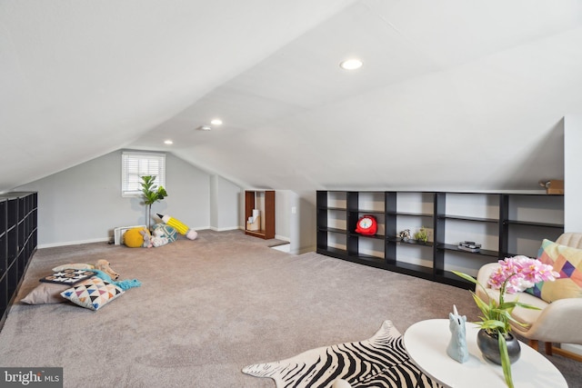 recreation room featuring vaulted ceiling, recessed lighting, carpet flooring, and baseboards