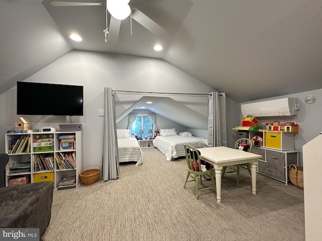 bedroom with a wall unit AC, carpet, recessed lighting, and lofted ceiling