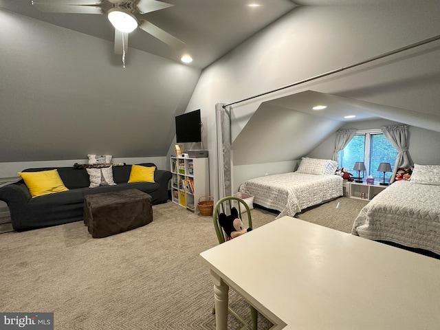 carpeted bedroom with lofted ceiling, ceiling fan, and recessed lighting