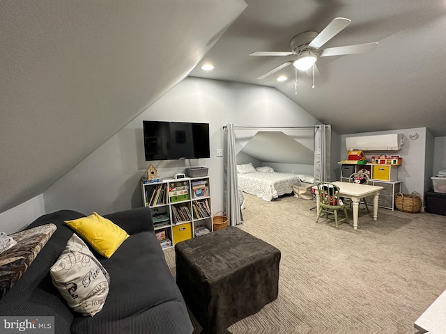 bedroom featuring carpet floors, a wall unit AC, recessed lighting, a ceiling fan, and vaulted ceiling