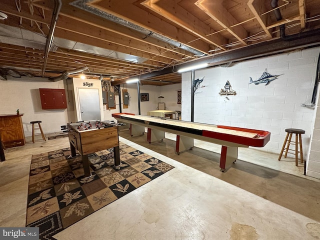 recreation room with electric panel and concrete floors