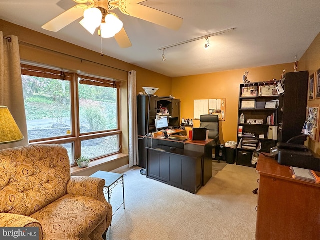 carpeted office featuring ceiling fan and track lighting