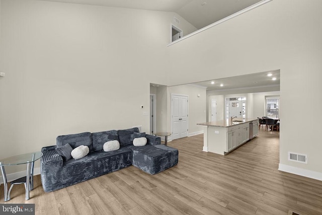 living area featuring ornamental molding, light wood-type flooring, visible vents, and baseboards