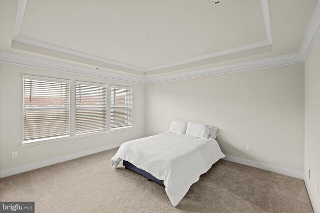 bedroom with ornamental molding, carpet, a raised ceiling, and baseboards