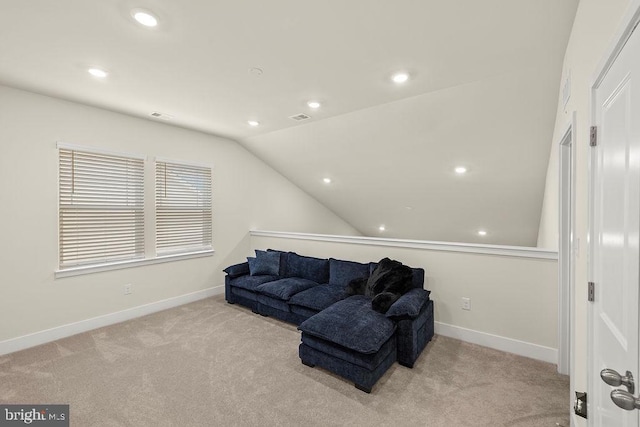 carpeted living area featuring lofted ceiling, baseboards, visible vents, and recessed lighting