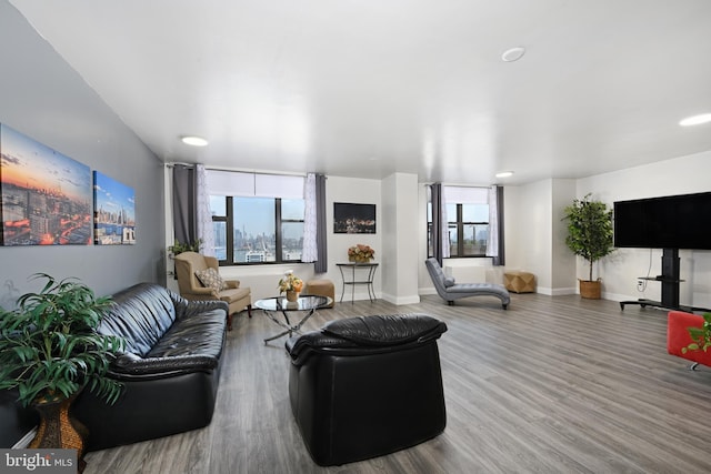 living area with wood finished floors and baseboards