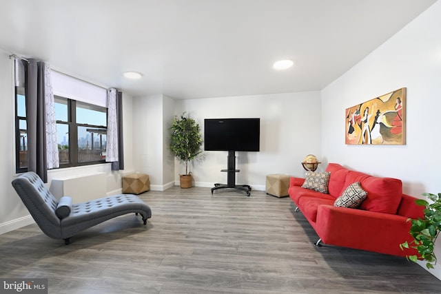 living room featuring baseboards, wood finished floors, and recessed lighting