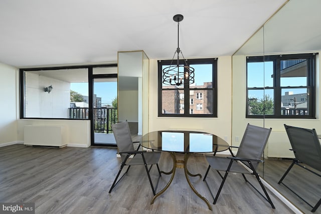 dining area with radiator heating unit, wood finished floors, and baseboards