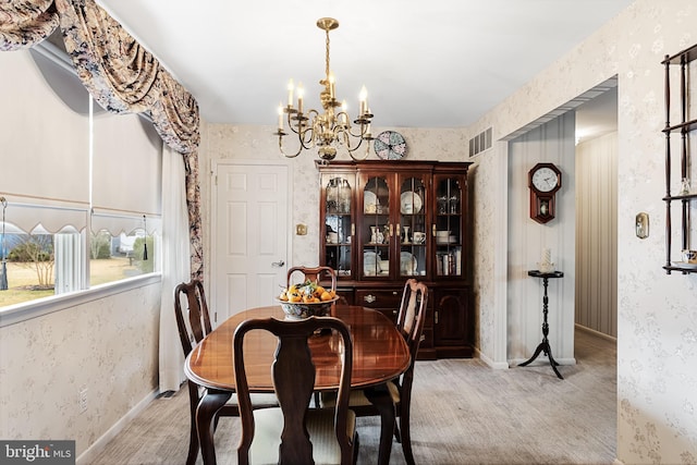 dining area featuring visible vents, light colored carpet, wallpapered walls, and baseboards