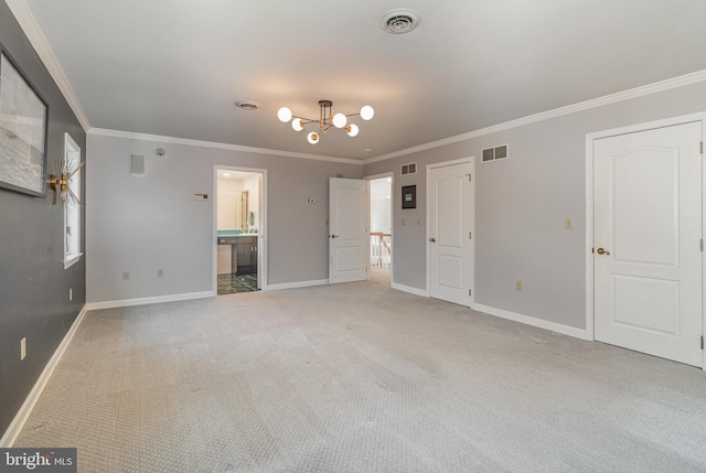 unfurnished bedroom featuring visible vents, baseboards, and an inviting chandelier