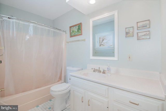 full bath featuring vanity, toilet, shower / bathtub combination with curtain, and tile patterned flooring