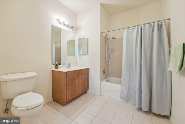 full bath featuring tile patterned flooring, baseboards, toilet, vanity, and shower / bathtub combination with curtain