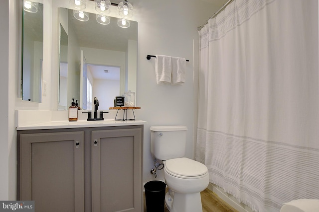 bathroom with toilet, wood finished floors, a shower with shower curtain, and vanity