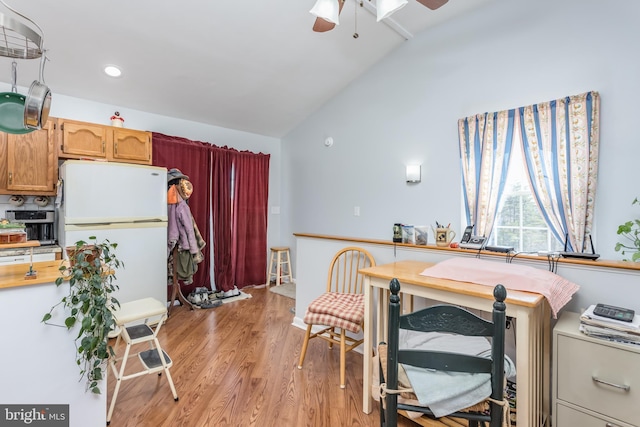 interior space featuring light wood finished floors, ceiling fan, and lofted ceiling