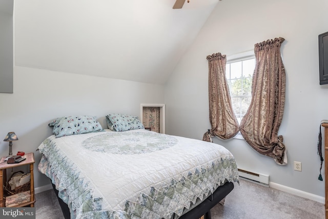 bedroom featuring a ceiling fan, baseboards, carpet floors, vaulted ceiling, and baseboard heating