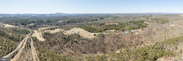 drone / aerial view featuring a mountain view and a view of trees