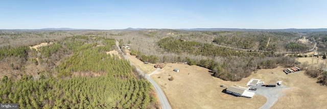 drone / aerial view with a wooded view