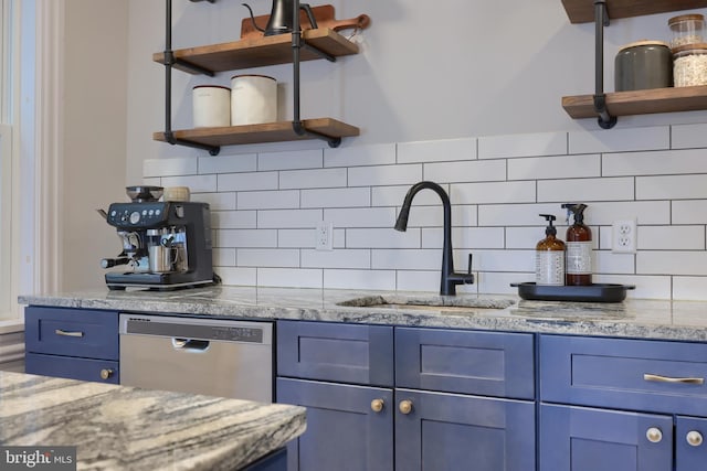 kitchen featuring blue cabinets, a sink, open shelves, and stainless steel dishwasher