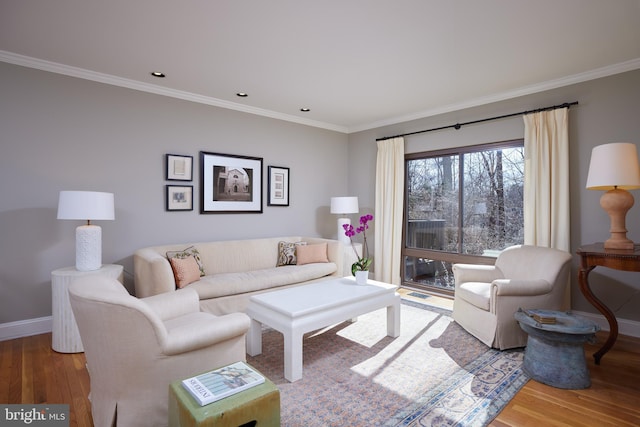 living area featuring wood finished floors and ornamental molding