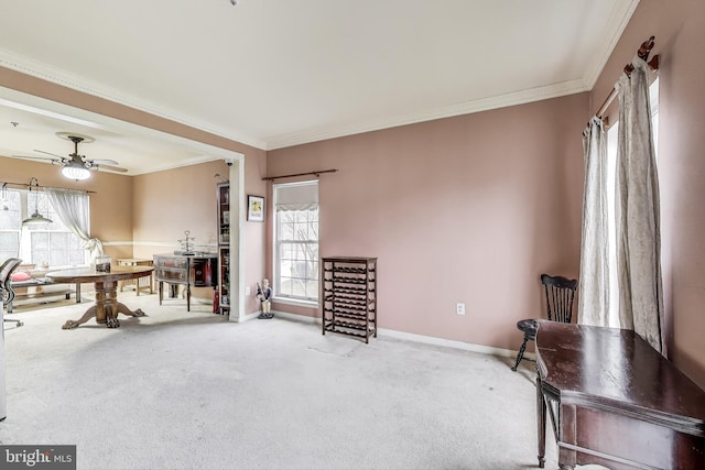 interior space with a healthy amount of sunlight, crown molding, baseboards, and carpet floors