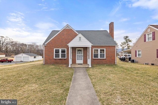 bungalow-style house with roof with shingles, brick siding, a chimney, and a front lawn