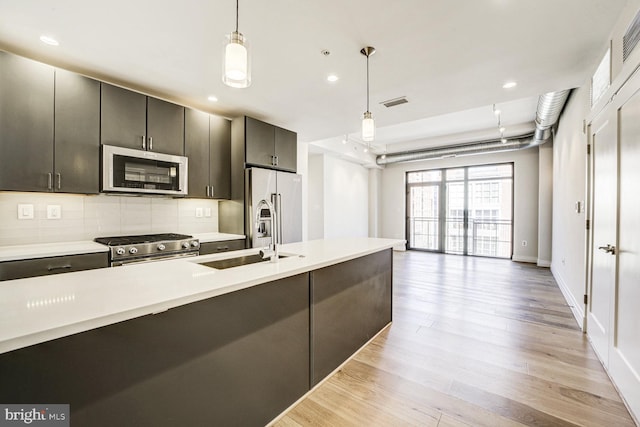 kitchen featuring a sink, light countertops, appliances with stainless steel finishes, light wood-type flooring, and backsplash