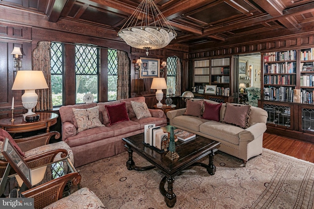 82 Library Pl, Princeton, NJ 08540 - living room with wood walls, coffered ceiling, wood ceiling, beamed ceiling, and wood finished floors