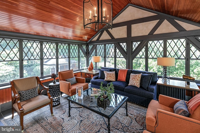 82 Library Pl, Princeton, NJ 08540 - sunroom / solarium featuring plenty of natural light, wooden ceiling, a chandelier, and high vaulted ceiling